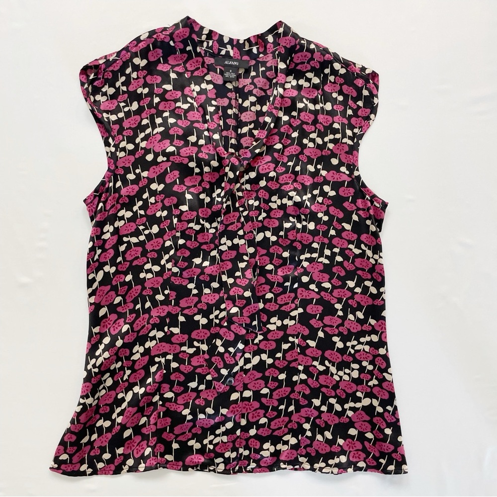 Alfani 100% Silk Secretary Tie Shirt Blouse Size 8 Cap Sleeve Sleeveless New